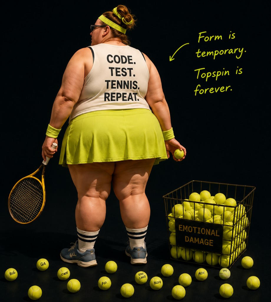 Ugnė on court — CODE. TEST. TENNIS. REPEAT.