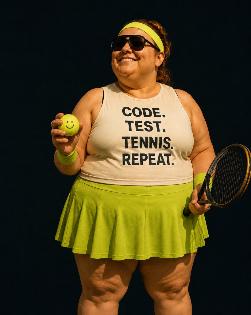 Ugnė holding a smiley tennis ball and racket — CODE. TEST. TENNIS. REPEAT.