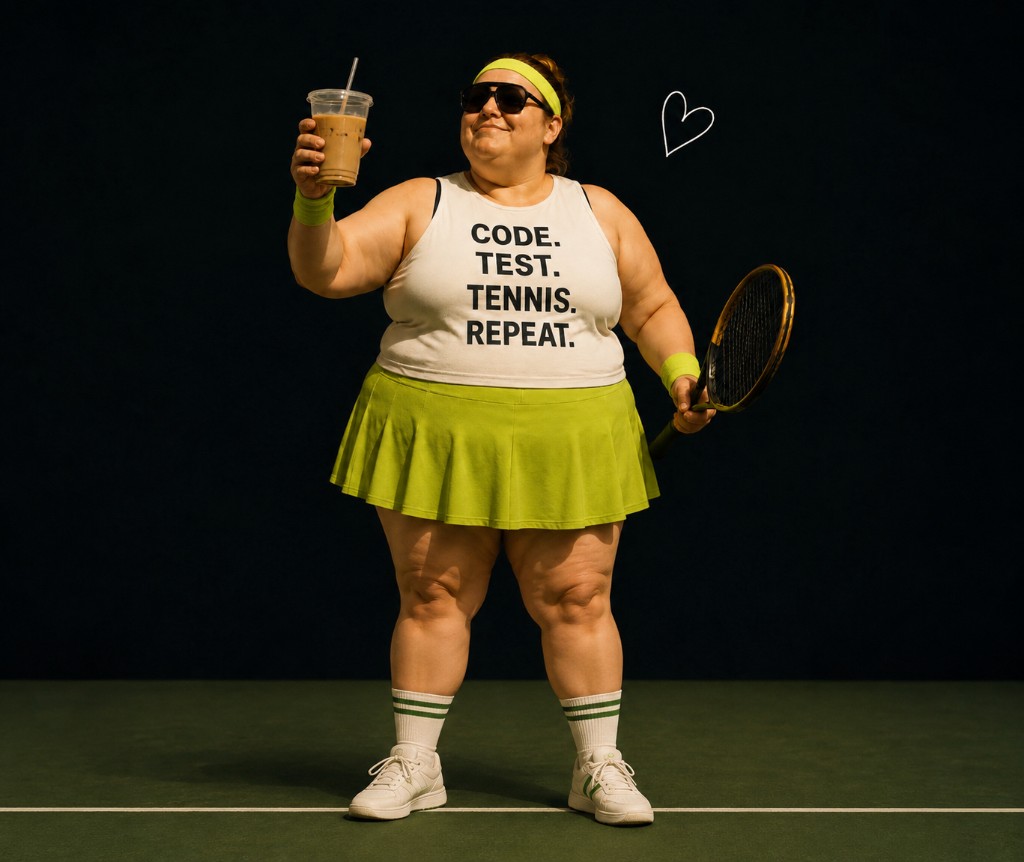 Ugnė holding an iced latte and tennis racket — CODE. TEST. TENNIS. REPEAT.